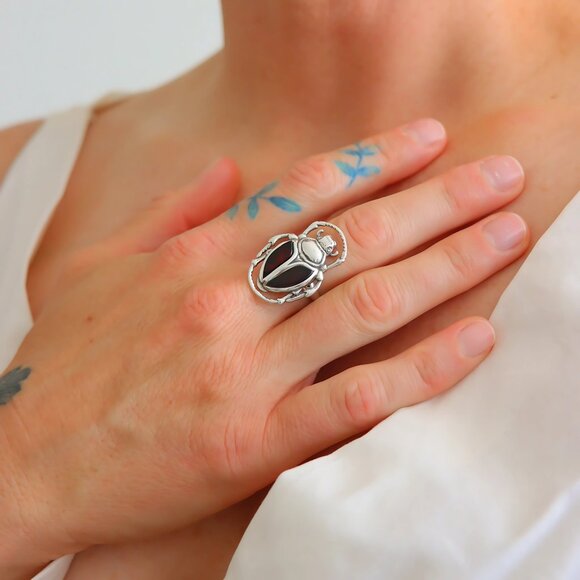 Baltic Amber Scarab Ring Sterling Silver Adjustable - Picture 1 of 7